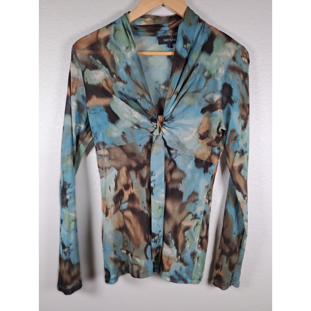 Karen Kane Blue Brown Abstract Print Twist Front V-Neck Long Sleeve Top Large
